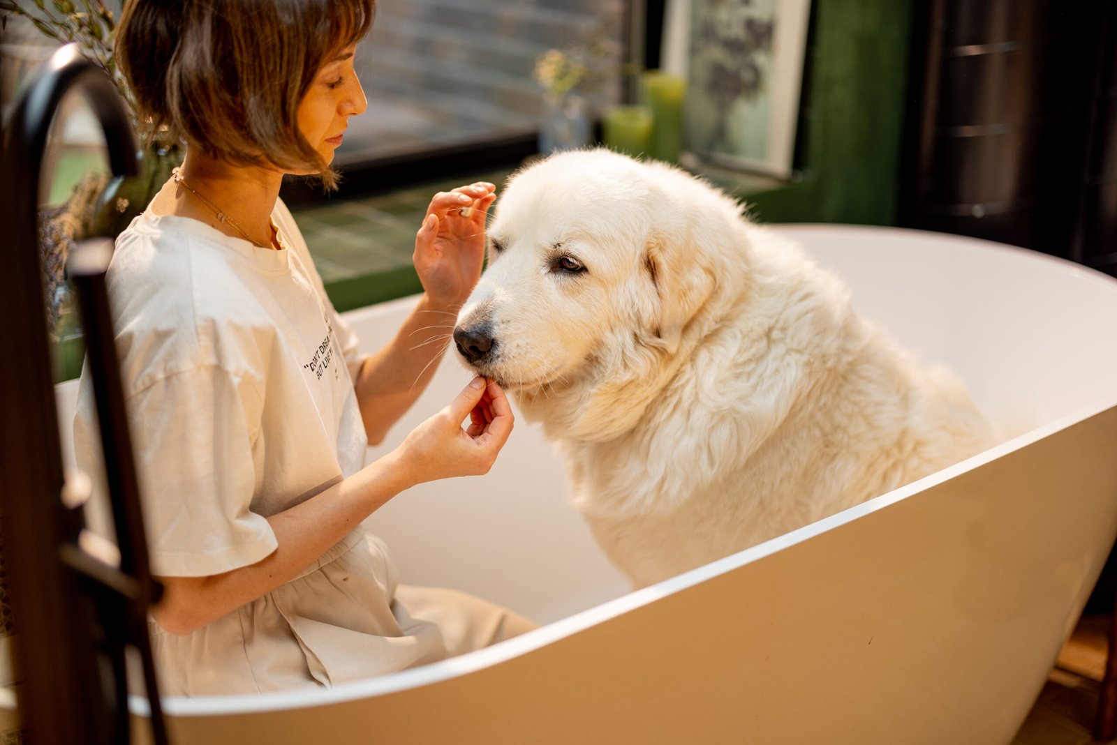 Woman with her dog in bathtub